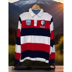Parish Nation Shirt Men M Polo‎ Long Sleeve Stripes Patches Spell Out Rugby